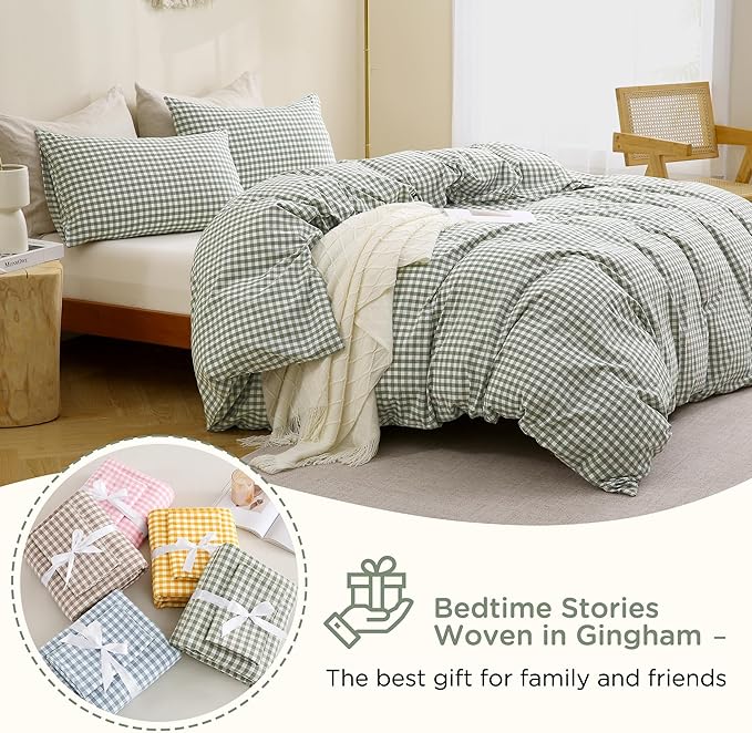 TOCOMOA Green Gingham Duvet Cover Bedding Set 100% Washed Cotton Like Linen Feel Super Soft Comfortable 3 Piece Vintage Plaid Checkered Comforter Cover Set (King 104"x90", Comforter Not Included)