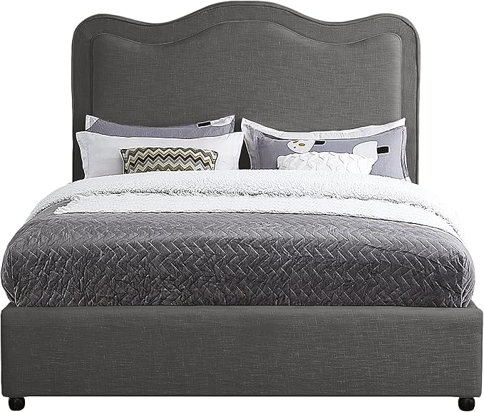 Meridian Furniture FelixGrey-F Felix Collection Modern | Contemporary Linen Textured Fabric Upholstered Bed with Curved Headboard and Espresso Wood Legs, 59.5" W x 81" D x 55.5" H, Grey, Full