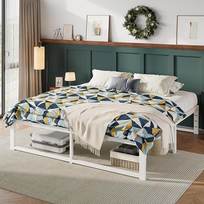 Allewie King Size Bed Frame, 14 Inch Metal Platform Bed Frame with 4000LBS Heavy Duty Steel Slats Support, Noise Free, Easy Assembly, No Box Spring Needed, White