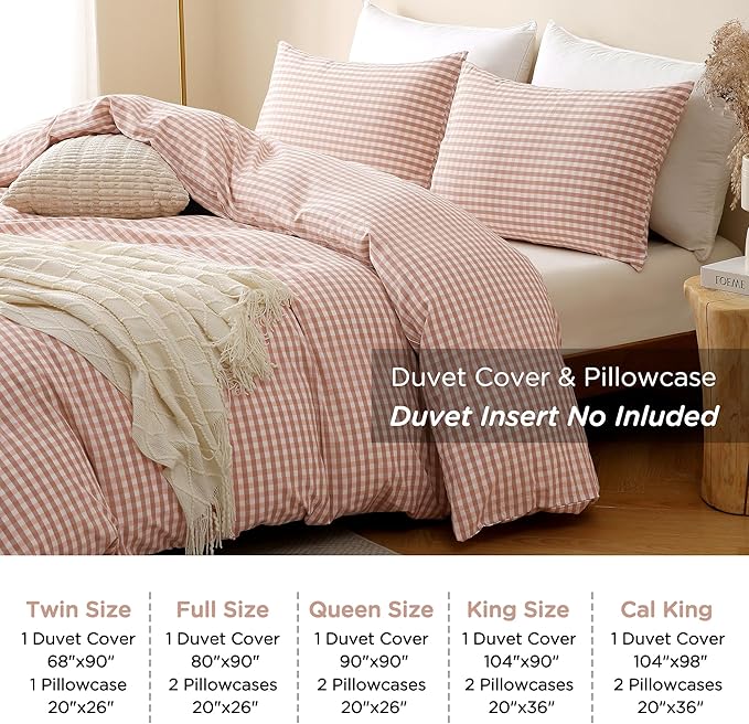 TOCOMOA Pink Tan Gingham Duvet Cover Bedding Set 100% Washed Cotton Like Linen Feel Super Soft Comfy 3 Piece Vintage Plaid Checkered Fall Comforter Cover Set (Queen 90"x90", Comforter Not Included)