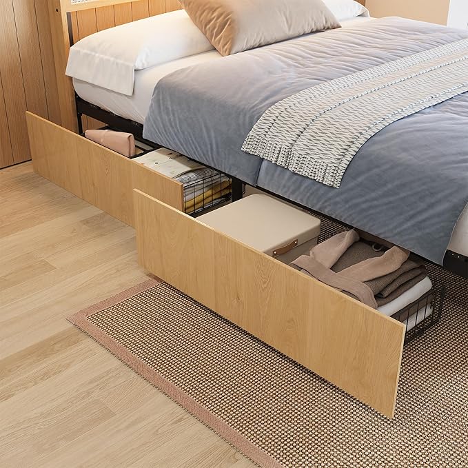 GAOMON Queen Size Rattan Bed Frame with 4 Storage Drawer, Boho Style Rattan Bed with LED Light & Natural Headboard, Sturdy Wooden Slats Support, No Box Spring Needed