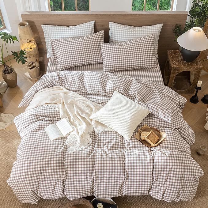 MooMee Gingham Duvet Cover Set 100% Washed Cotton Linen Like Textured Breathable Durable Soft Comfy Modern Checkered Design (Brown Gingham, Cal King 104"x98")