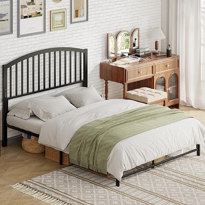 Weehom Queen Headboard with Led Lights, Farmhouse Vintage Style Metal Headboard Queen Size, Modern Freestanding Black Headboard Only for Bedroom