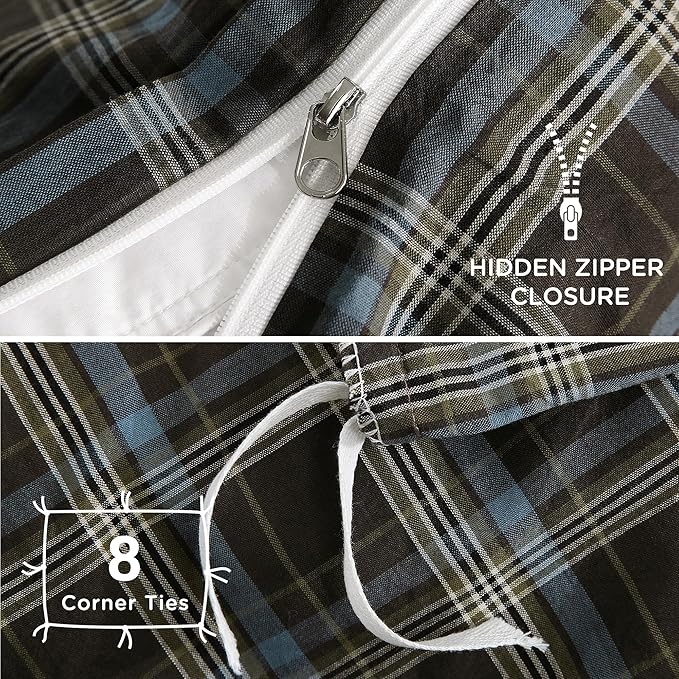TOCOMOA Buffalo Plaid Duvet Cover Set 100% Washed Cotton Like Linen Feel Super Soft Comfy 3 Piece Brown Blue Gingham Checkered Bedding Comforter Cover Set (Full 90"x90", Comforter Not Included)