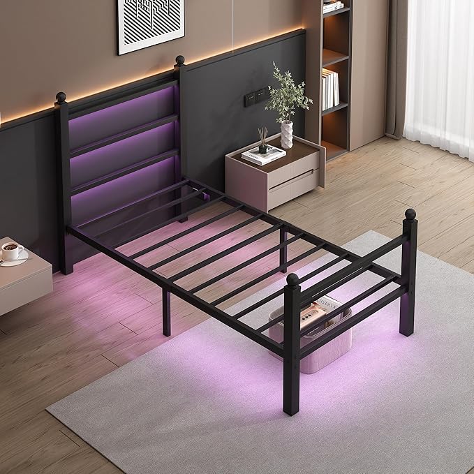 CLIBFENG Twin Bed Frame with Headboard and Footboard,Steel Slats Support-LED Bed Frame with USB Charging Station,Mattress Foundation-Under Bed Storage,No Box Spring Needed,Noise Free,Black