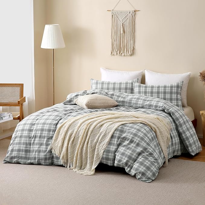 TOCOMOA Plaid Duvet Cover Set 100% Washed Cotton Like Linen Feel Super Soft Comfy 3 Piece Grey and Green Gingham Checkered Bedding Comforter Cover Set (Queen 90"x90", Comforter Not Included)