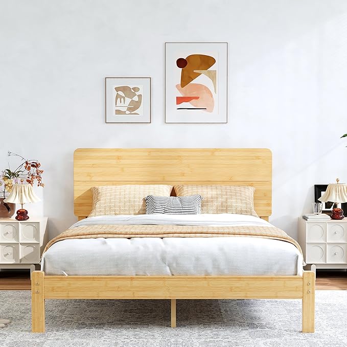 BOSRII 12in High Solid Bamboo Wood Platform Queen Size Bed Frame with Headboard, Reinforced Heavy Duty Metal Slats, Noise Free, No Box Spring Needed, Easy Assembly