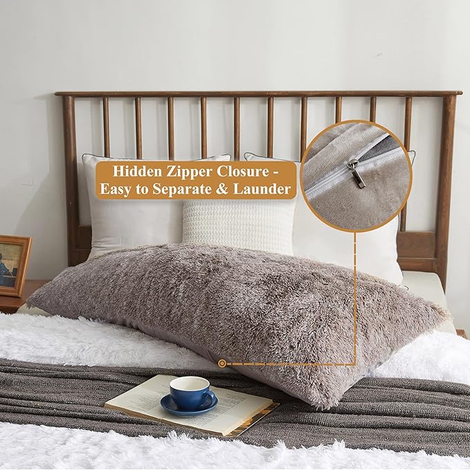 XeGe Cozy 20x54 Long Furry Body Pillow Cover, Plush Fuzzy Faux Fur Body Pillowcase with Zipper, Rectangular Fluffy Pillow Sham for Pregnant Women Side Sleeper, Shaggy Bedding Pillow Khaki Ombre