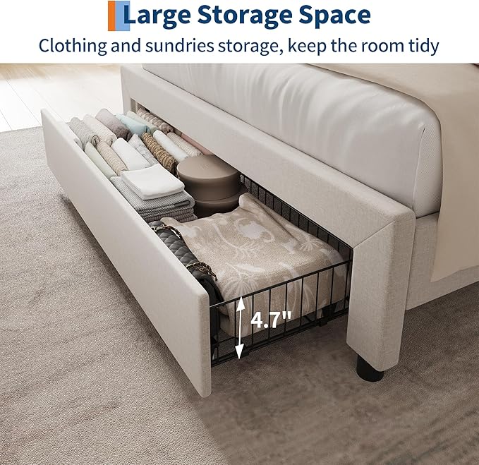 Garvee Upholstered Platform Bed Frame with Storage Headboard, Integrated Charging Station (2 USB Ports & AC Outlets), Spacious Drawers, Heavy Duty, Easy Assembly, Noise-Free - Queen/King, Grey/Beige