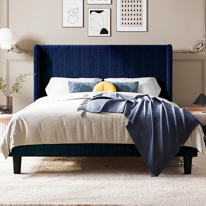 Allewie Queen Size Bed Frame with Upholstered Wingback Headboard, Vertical Channel Tufted Corduroy Velvet Platform Bed, Strong Wooden Slats Support, No Box Spring Needed, Easy Assembly, Dark Blue
