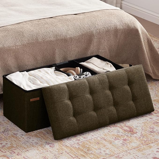 HAUSFRAU 31.5 Inches Ottoman with Storage Bench, Folding Ottoman Bench Small Foot Rest Stool, Bedroom Bench with Flipping Lid, Linen Espresso