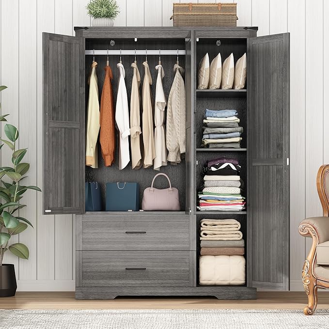 Hlivelood 3 Doors Wardrobe Armoire Closet with Doors and Drawers, Farmhouse Wooden Armoire Storage Cabinet with Shelves & Hanging Rod for Bedroom, Grey