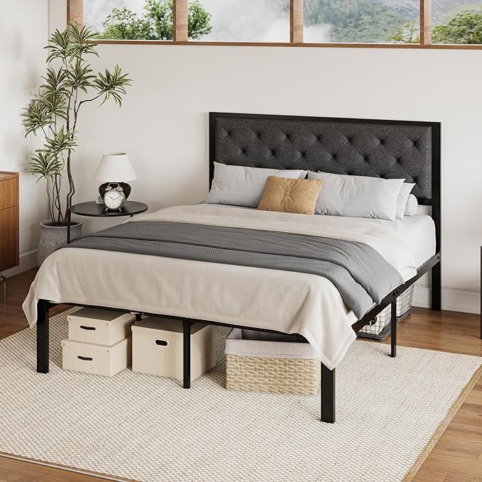 SHA CERLIN Queen Size Metal Platform Bed Frame,Linen Upholstered Button Tufted Headboard, Mattress Foundation with 12.4” Under-Bed Storage, Noise-Free, Easy Assembly, No Box Spring Needed, Dark Grey