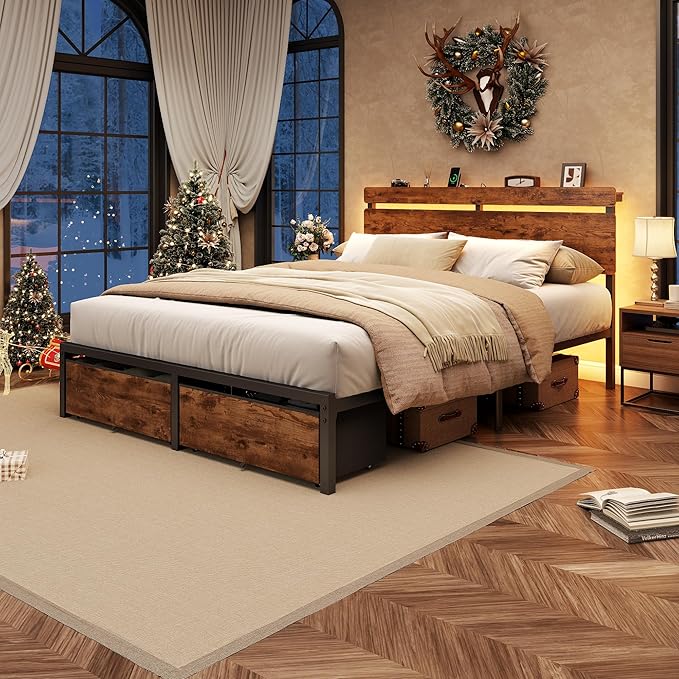 Forestell Queen Bed Frame with Wood Headboard, Metal Platform Bed with 2 Storage Drawers & Shelf, Built-in Charging Station & LED Lights, No Box Spring Needed, Vintage Brown, Cama Queen Size