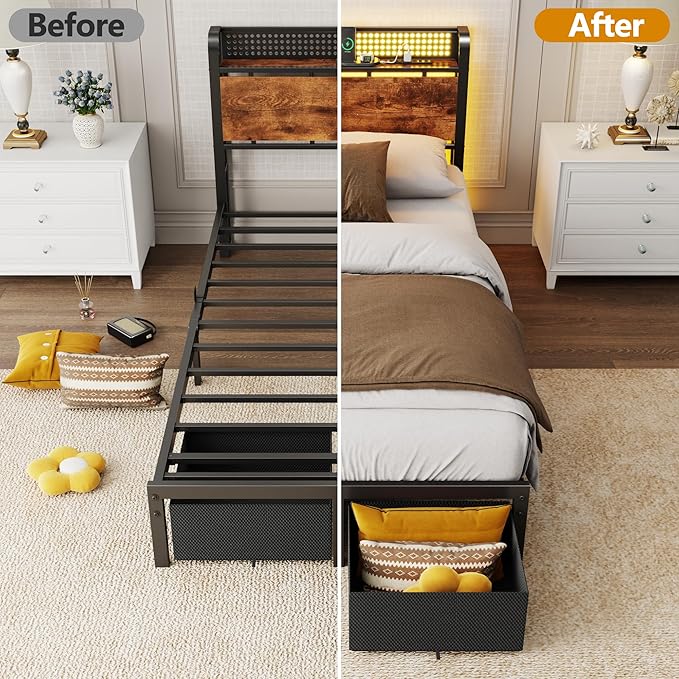 Furnulem Twin Bed Frame with 2 Storage Drawers & Charging Station, Twin Platform Bed Frame with Headboard & LED Lights, No Box Spring Needed, All in One, Easy to Install, Noise Free (500 lbs Capacity)