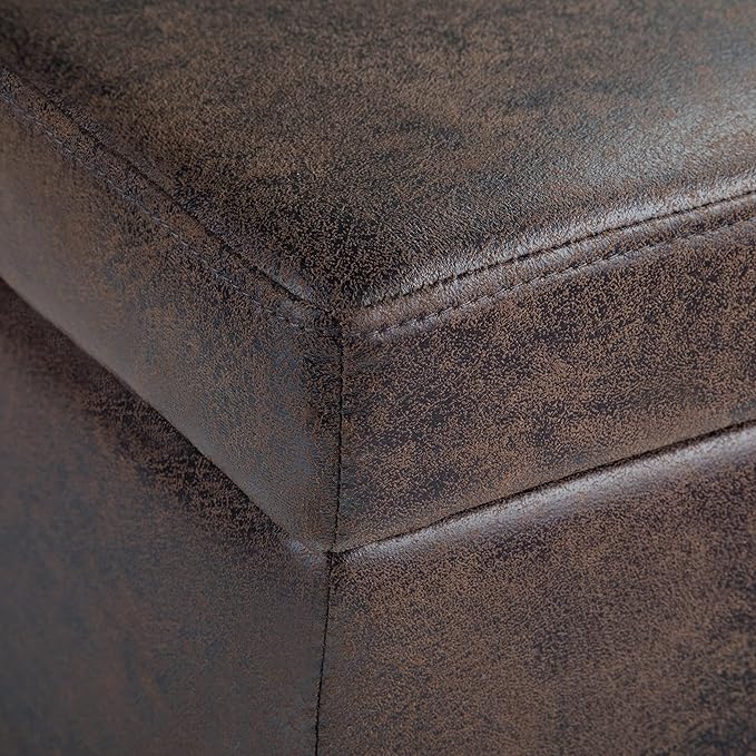 SIMPLIHOME Avalon Storage Ottoman Bench - 48" Wide x 16" High Upholstered Vegan Leather Rectangular Lift-Top Ottoman in Distressed Brown, Contemporary Bench for Living Room with High-Density Foam