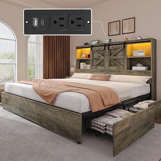 DWVO Farmhouse King Size Bed Frame with Storage Bookcase Headboard, Sliding Barn Door, 4 Storage Drawers, RGB LED Bed Frame with USB Charging Station, No Box Spring Needed, Cement Grey