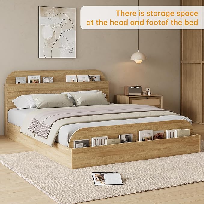 GarveeHome Queen Size Bed Frame, Wooden Beds with Storage Headboard and Raised-Foodboard, Queen-Floor Low Platform Bed for Bedroom, Sturdy Wooden Slats Support, No Box Spring Needed, Natural