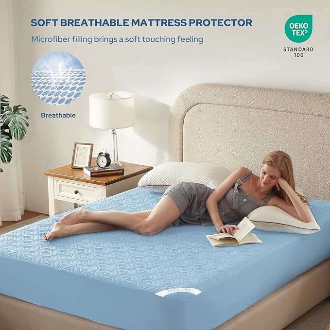 BEDLORE Waterproof Mattress Protector, Cal King Size Mattress Pad with Deep Pocket 6"-21" Depth, Soft Dirt-Proof Double Bed Mattress Cover for Bedroom, College Dorm, Hotel (Sky Blue)