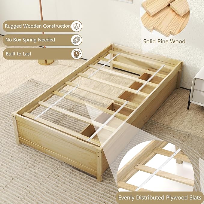 Giantex Twin Size Platform Bed Frame with 2 Storage Drawers, Solid Wood Bedframe Daybed, Wooden Slats Support Mattress Foundation, No Box Spring Needed, Twin Bed Frames for Kids Teens Adults