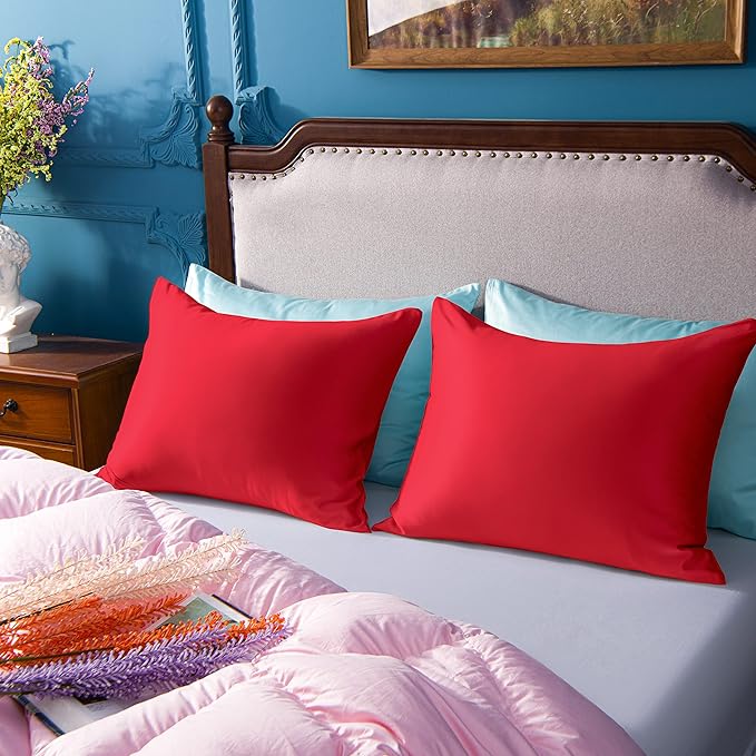 NTBAY Zippered Satin Pillow Cases for Hair and Skin, Luxury King Hidden Zipper Pillowcases Set of 2, 20x36 Inches, Red