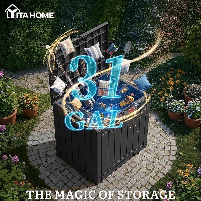 YITAHOME 31 Gallon OutdoorDeck Box, Lockable Resin Storage Box and Waterproof Package Delivery Box for Patio, Garden, Poolside, Cushions, Supplies & Sports Gear, Black