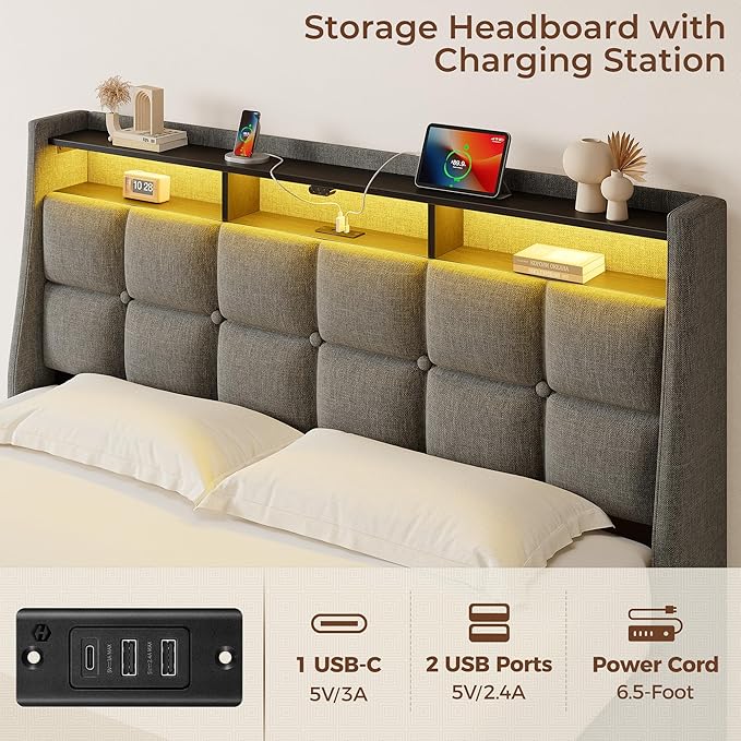 Rolanstar Queen Size Bed Frame with RGB LED Lights & Charging Station, Upholstered Storage Headboard with 4 Drawers, Heavy Duty Metal Frame, No Box Spring Needed, Easy Assembly