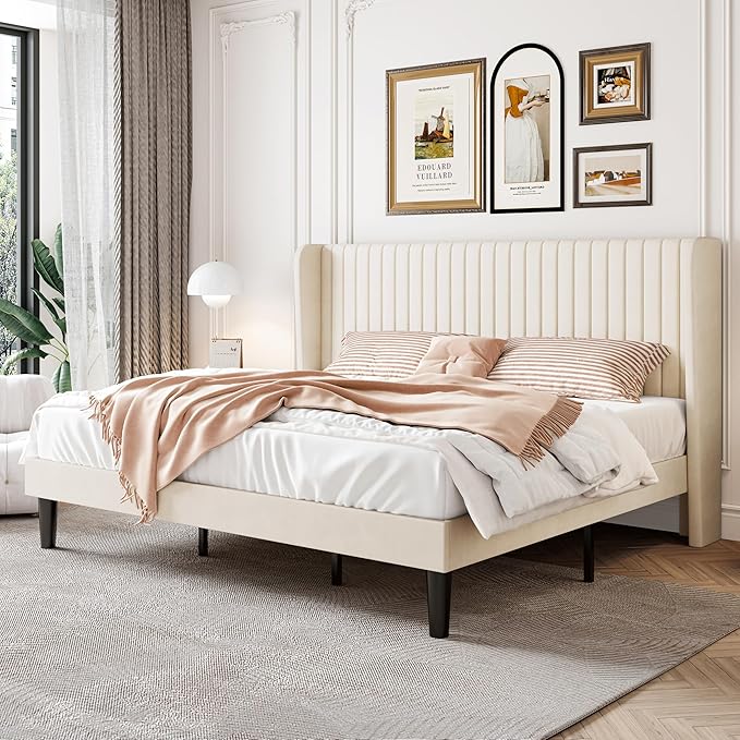 SHA CERLIN King Size Velvet Bed Frame with Vertical Channel Tufted Wingback Headboard, Upholstered Platform Bed with Wood Slats, No Box Spring Needed, Easy Assembly, Cream White