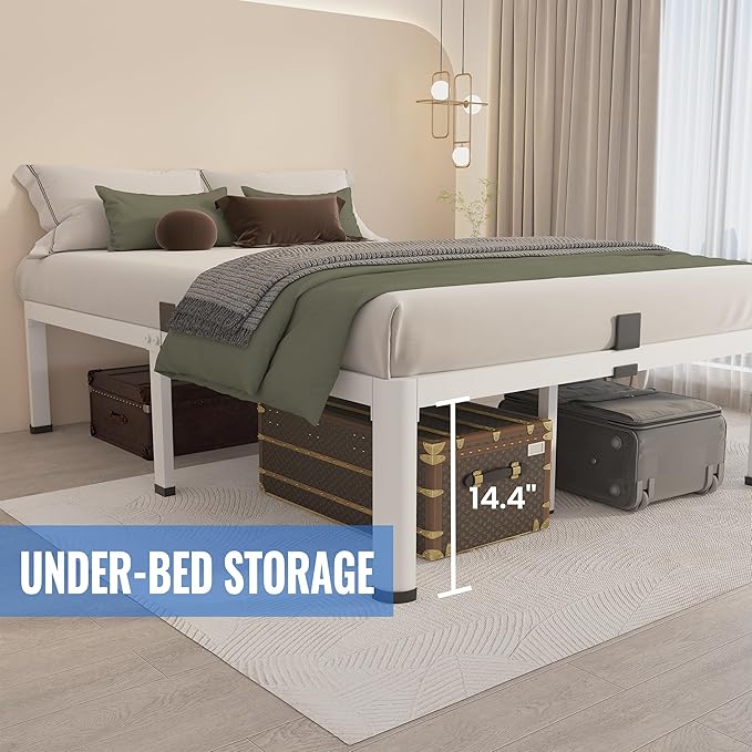 MAF 16 Inch Full Size Bed Frame White with Round Corner Legs Mattress Slide Stopper No Box Spring Needed Heavy Duty Metal Platform Bed Frames Under-Bed Storage Space, 3000 LBS Steel Slats Support