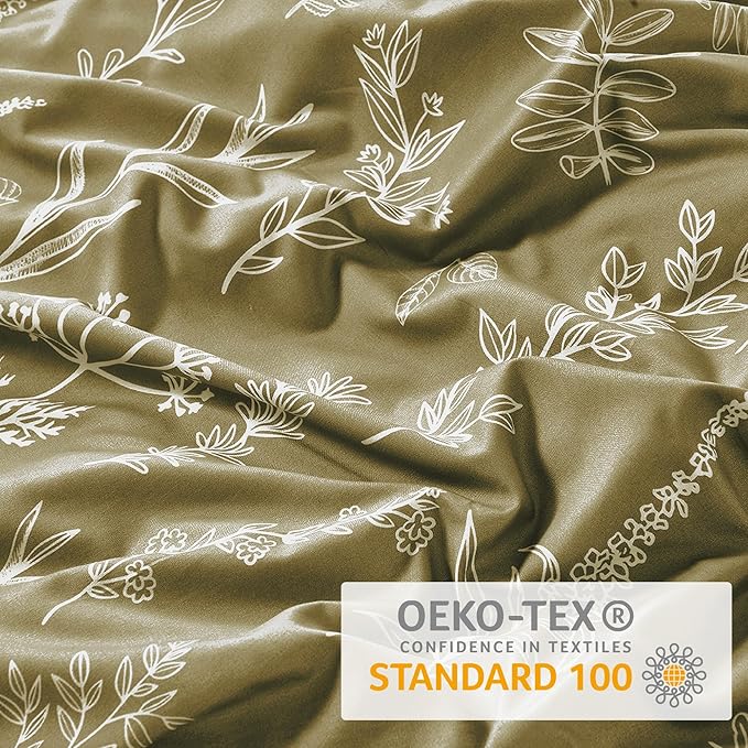 MUXHOMO Duvet Cover Full Size, Reversible Floral Olive Green Duvet Cover Set with Zipper Closure, 3 Pieces Botanical Patterns Soft Microfiber Bedding Set with 4 Ties (80"x90", 2 Pillow Cases)