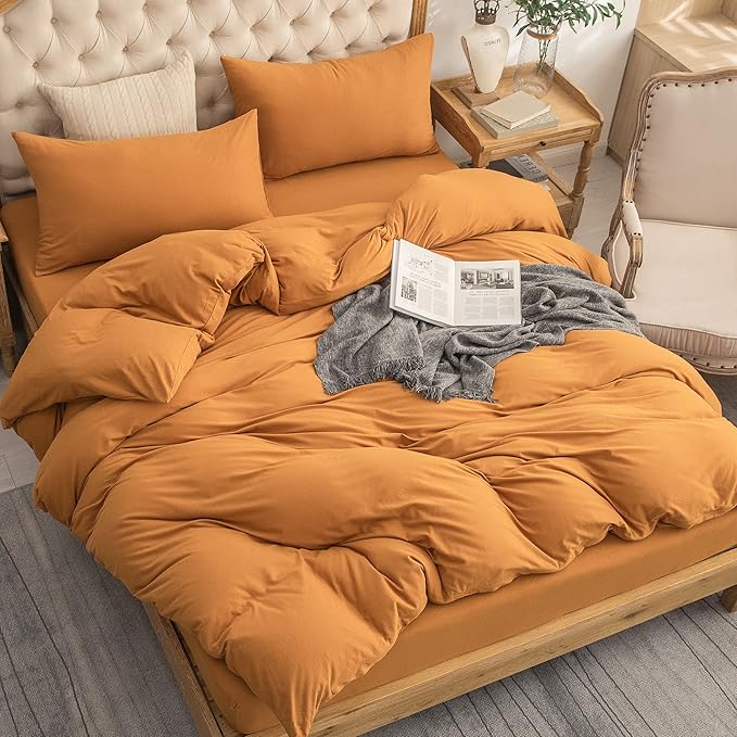 PURE ERA Jersey Knit Duvet Cover Set 100% T-Shirt Cotton Super Soft Comfy 2pc Bedding Set with Zipper Closure (Solid Burnt Orange, Twin)