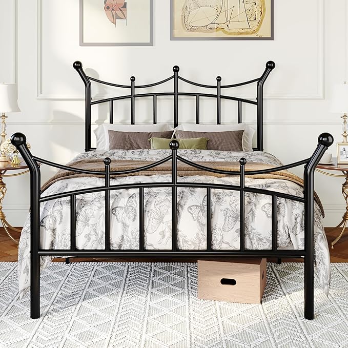 Allewie 14 Inches Twin Size Metal Platform Bed Frame with Elegant Crown Iron-Art Headboard & Footboard, Sturdy Mattress Foundation with Under-Bed Storage, Easy Assembly, No Box Spring Needed, Black