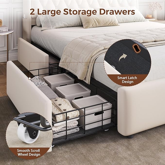 Full LED Velvet Bed Frame with 2 Storage Drawers&Hidden Headboard, Upholstered Platform Bed with Charging Station&Button Tufted Design, Wooden Slats Support, Box Spring Optional, Easy Assembly, Beige