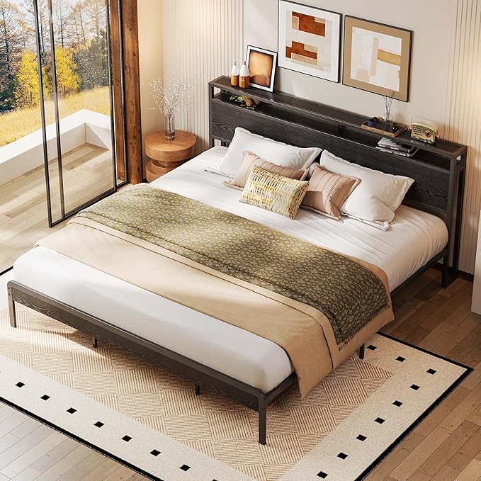 LIKIMIO California King Bed Frame with Headboard, Dark Wood Camas California King with Strong Supports, Sturdy, Noise-Free, No Box Spring Needed, Black