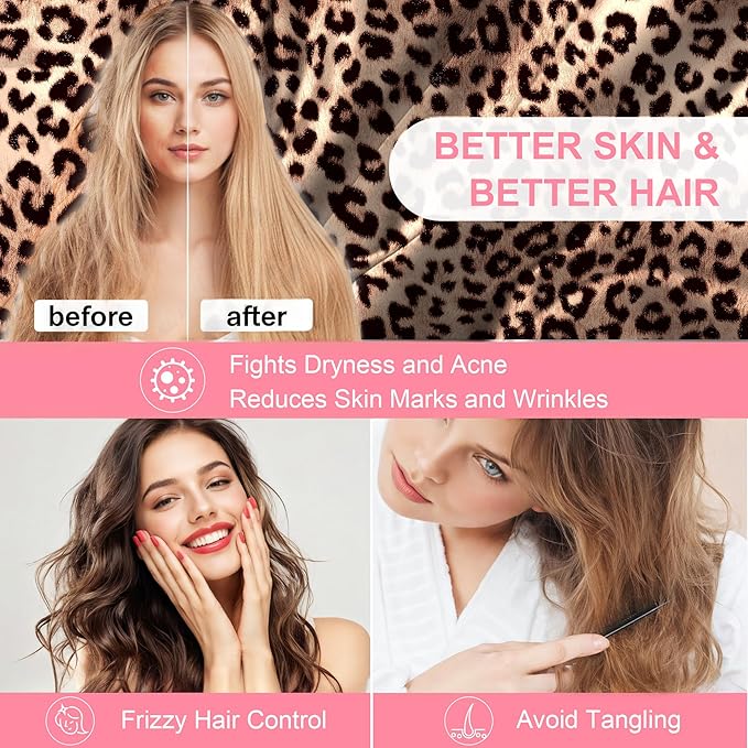 Silk Pillow Cases 2 Pack Queen Size with Hidden Zipper, Mulberry Silk Pillowcase for Hair and Skin, Smooth and Soft Breathable Cooling Silk Satin Pillowcase Set of 2, Gifts for Women，Leopard Brown
