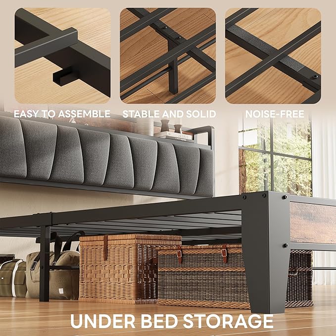 LIKIMIO Full Bed Frame, Storage Headboard with Charging Station, Solid and Stable, Noise Free, No Box Spring Needed, Easy Assembly