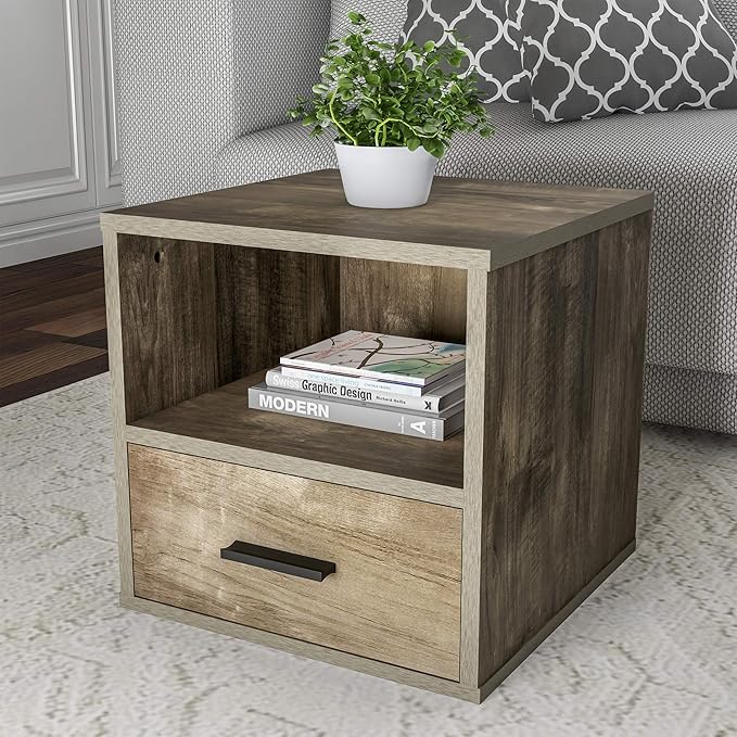 Lavish Home End Stackable Contemporary Minimalist Modular Cube Accent Table with Drawer for Bedroom, Living Room or Office (Gray),