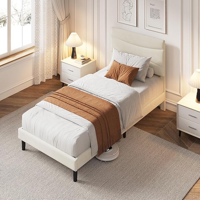 IDEALHOUSE Twin Size Upholstered Platform Bed Frame with Ergonomic Headboard, Beige Soft Fabric, Heavy Duty Wooden Slats, Noise-Free, 6.3" Underbed Storage, No Box Spring Needed, Easy Assembly