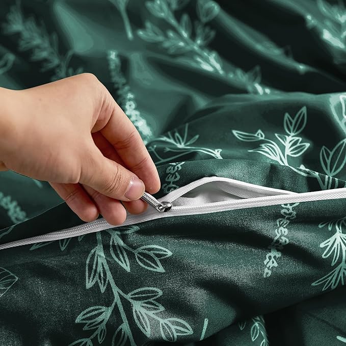 MUXHOMO Duvet Cover King Size, Reversible Floral Forest Green Duvet Cover Set with Zipper Closure, 3 Pieces Botanical Patterns Soft Microfiber Bedding Set with 4 Ties (90"x104", 2 Pillow Cases)