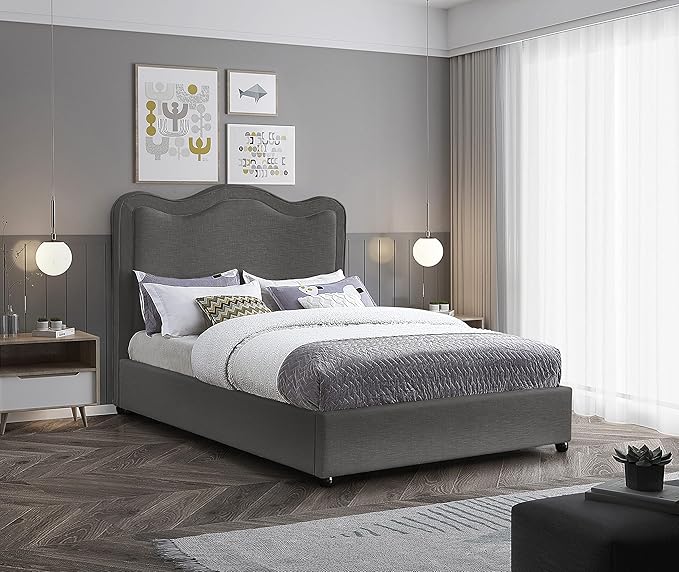 Meridian Furniture FelixGrey-F Felix Collection Modern | Contemporary Linen Textured Fabric Upholstered Bed with Curved Headboard and Espresso Wood Legs, 59.5" W x 81" D x 55.5" H, Grey, Full