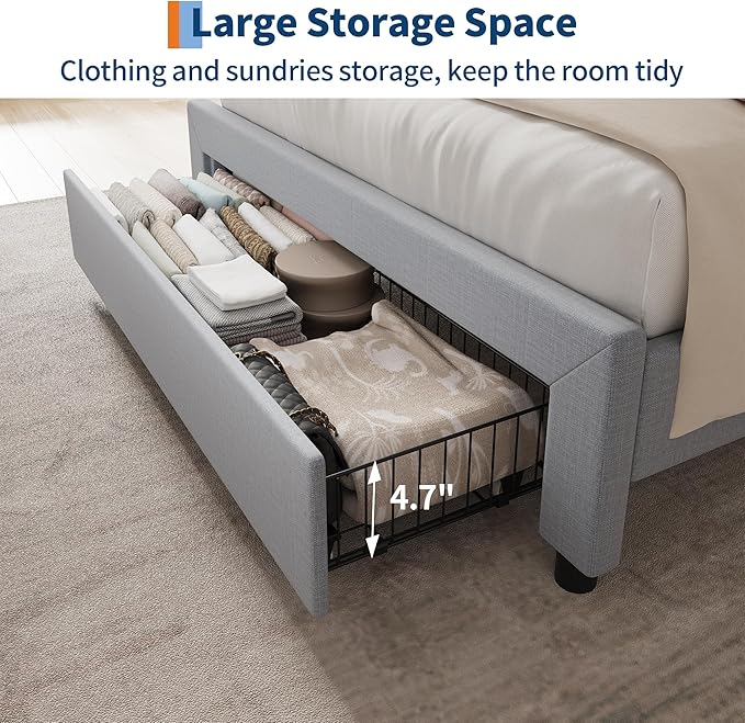 Garvee Queen Size Platform Bed Frame with Upholstered Storage Headboard, Built-in Charging Station, Metal Drawers, Wooden Slats, Sturdy and Noise-Free, Modern Bedroom Furniture - Twin, Light Gray