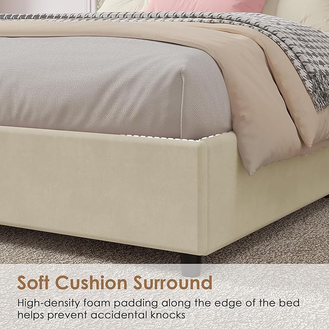 VECELO Queen Size Upholstered Bed Frame with 4 Storage Drawers, Adjustable Velvet Rivet Decor Headboard, Wooden Slats Platform Support, No Box Spring Needed, Easy Assembly,Beige