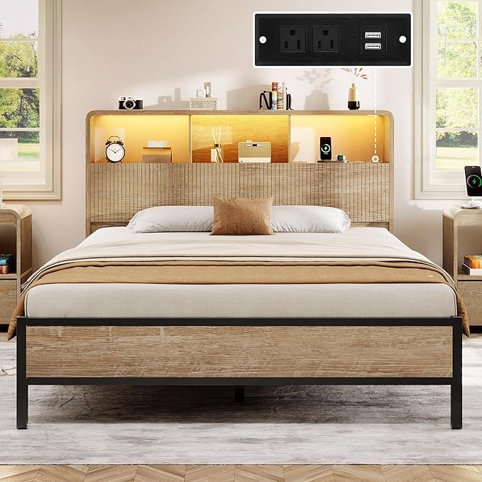 Headboard Queen Size, 63" Wide Wooden Queen Headboard Only, Modern Farmhouse Head Board with Outlets & USB Ports, Wall Mounted Headboards with Color-Changing LED Lighting, Natural