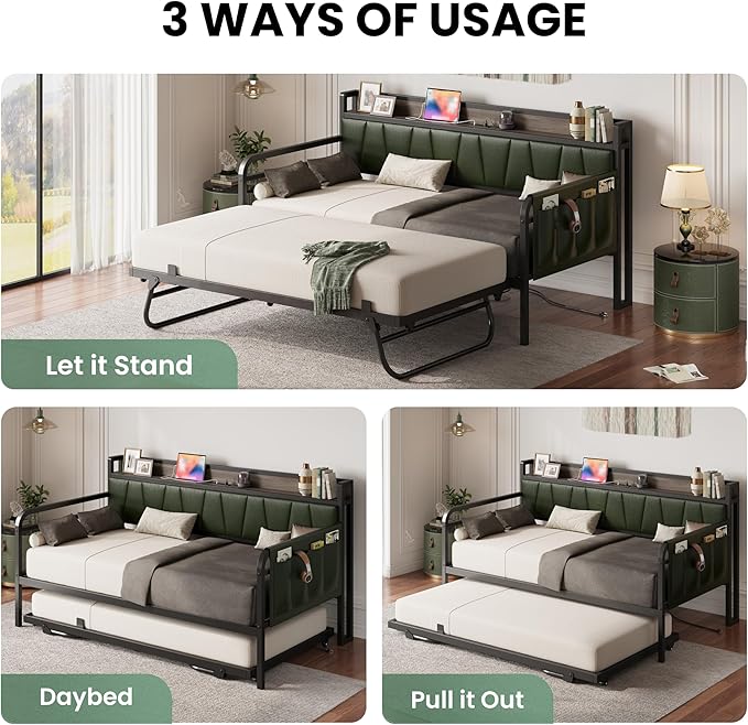 LIKIMIO Twin Daybed, Day Bed with Trundle, Storage Upholstered Headboard and Charging Station, Trundle Bed with Strong Supports for Living Room, Bedroom, and Guest Room, Dark Green