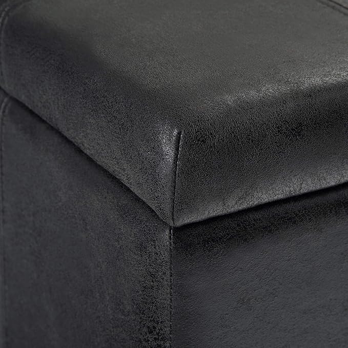 SIMPLIHOME Dover Storage Ottoman Bench - 36 inch Wide Upholstered Vegan Leather Rectangular Lift-Top Ottoman in Distressed Black, Contemporary Bench for Living Room with Safety Hinges