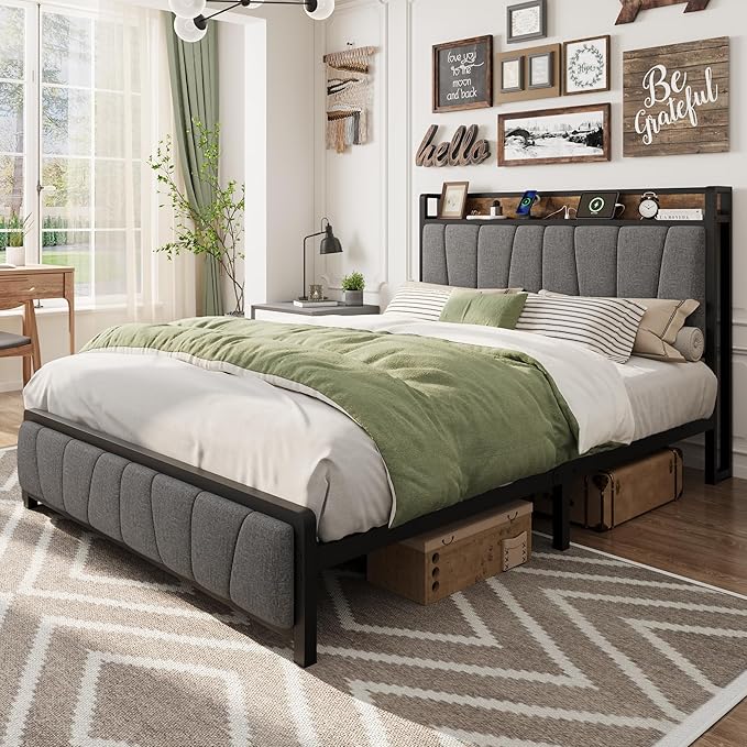 GAOMON Full Size Bed Frame with Storage Headboard and 2 Drawers, Linen Upholstered Platform Bed Frame with Charging Station, Heavy Duty, No Box Spring Needed, Easy Assembly, Noise Free, Grey&Brown