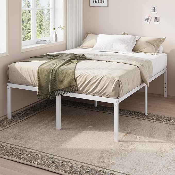 Allewie Queen Bed Frame, 18 Inch Metal Platform Beds with Storage Space, No Box Spring Needed and Easy Assembly, White
