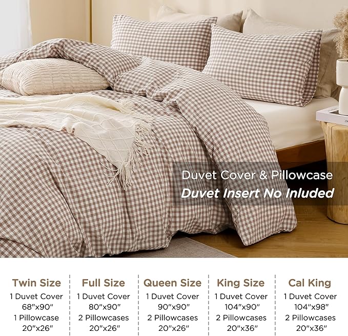 TOCOMOA Tan Gingham Duvet Cover Bedding Set 100% Washed Cotton Like Linen Feel Super Soft Comfy 3 Piece Brown Plaid Checkered Comforter Cover Set (Oversized King 120"x98", Comforter Not Included)