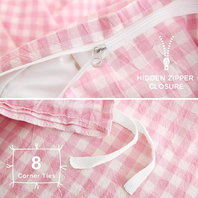 TOCOMOA Pink Gingham Duvet Cover Bedding Set 100% Washed Cotton Like Linen Feel Super Soft Comfortable 3 Piece Cute Plaid Checkered Comforter Cover Set (Full 80"x90", Comforter Not Included)