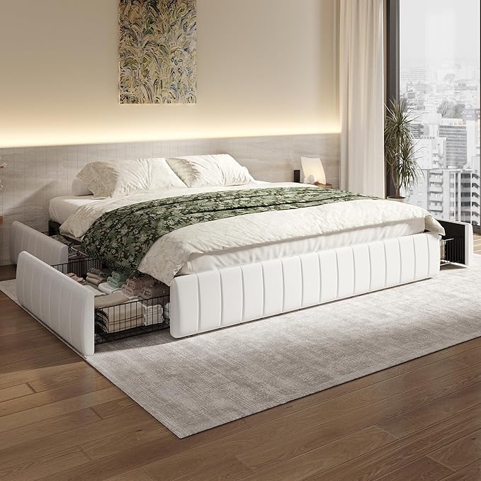 SHA CERLIN King Size Velvet Upholstered Platform Bed Frame with 4 Storage Drawers, Vertical Channel Tufted, Low Profile, Fits Standard Headboards, Wooden Slats Support, Easy Assembly, White